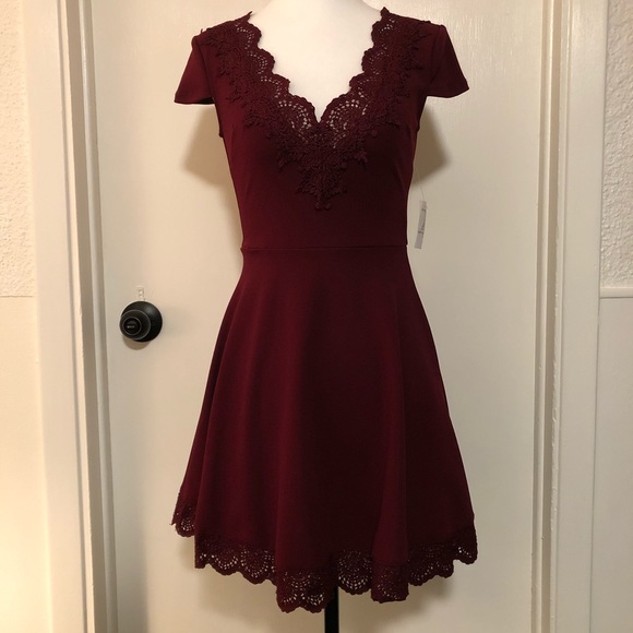 NWT B. Darlin Wine Red Lace Trim Dress - Picture 2 of 5